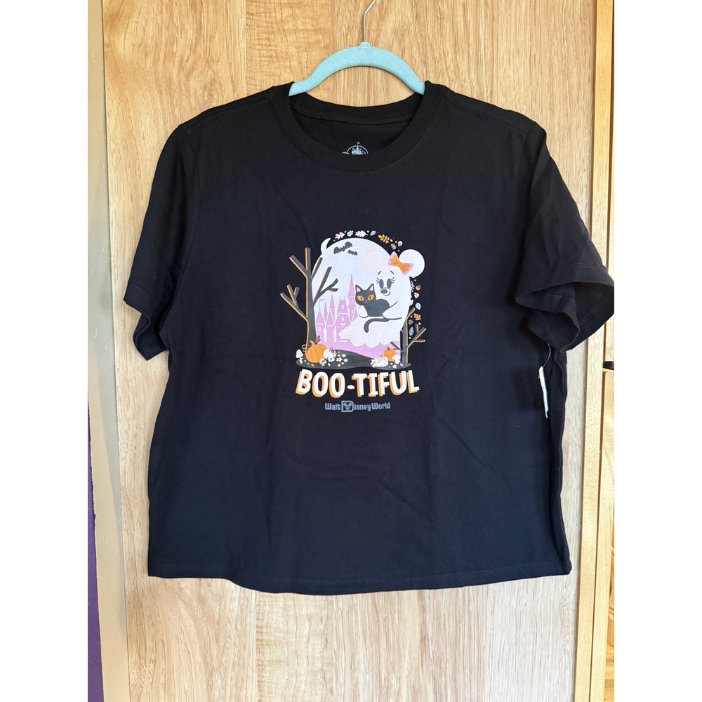 Disney Parks Halloween Pink Ghost Minnie BOO-TIFUL Black Shirt Womens Med NWT!